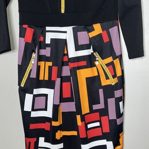 Miusol Women's Sheath Dress M Multi Geometric Exposed Zipper 3/4 Sleeve - Picture 4 of 13